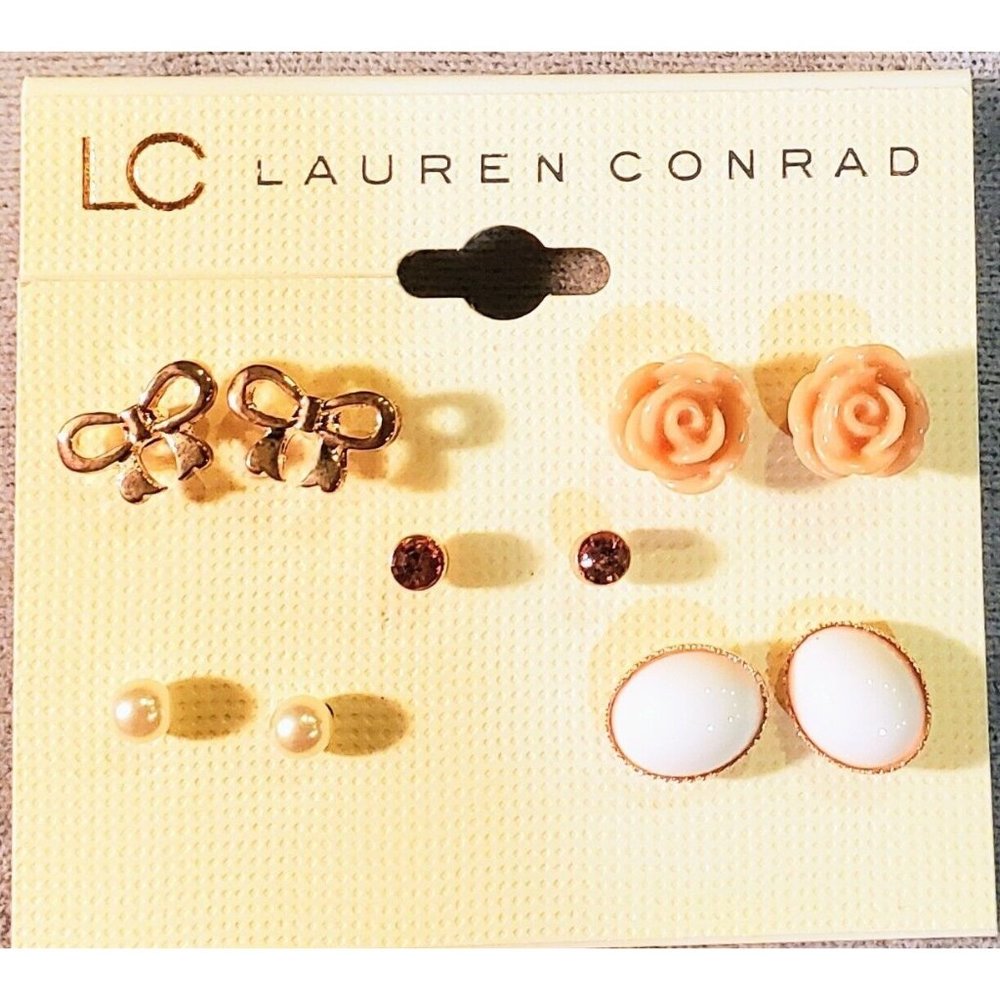 LC Lauren Conrad Stud Earrings 5 Pairs Dainty Pink Gold Tone NEW